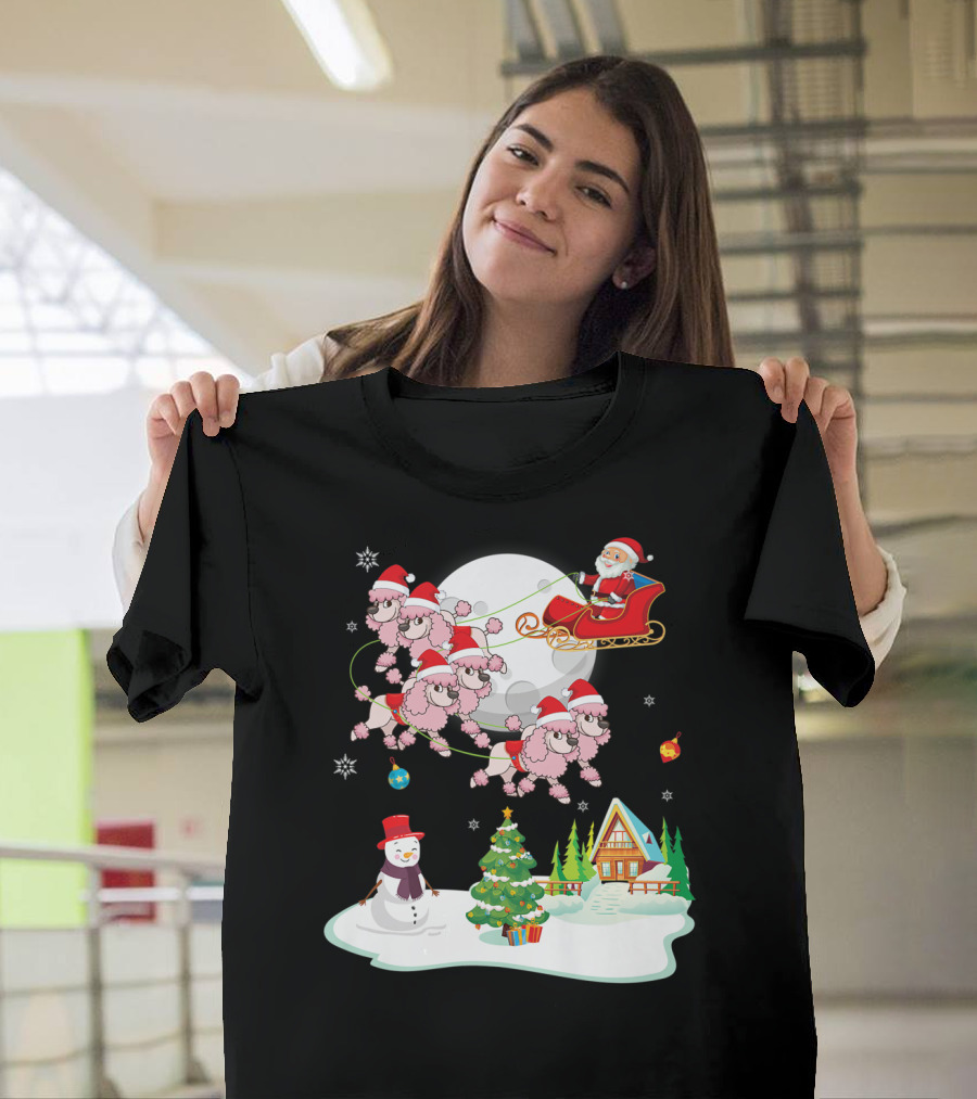 Santa Claus Flying with Poodle Dogs Sleigh Over Snowman and Christmas Tree Scene T-Shirt