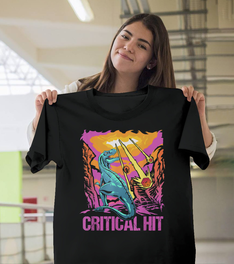 Critical Hit Dinosaur with Fantasy Dice and Meteor Scene T-Shirt
