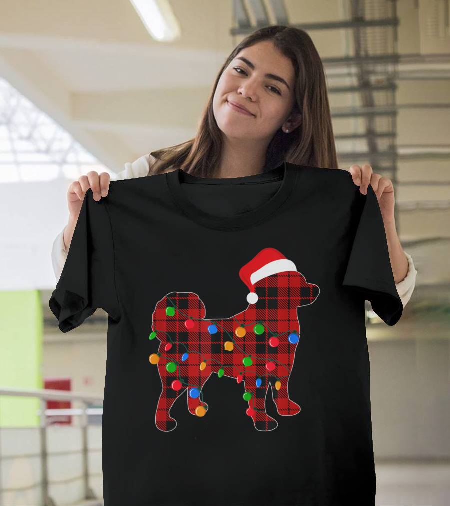 Shiba Inu Plaid Santa Hat Christmas Lights T-Shirt