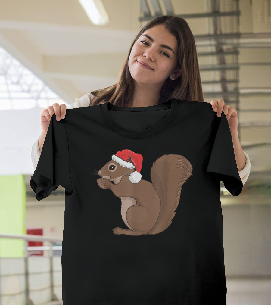Squirrel Santa Hat Merry Christmas Tree Festive Holiday Magic T-Shirt