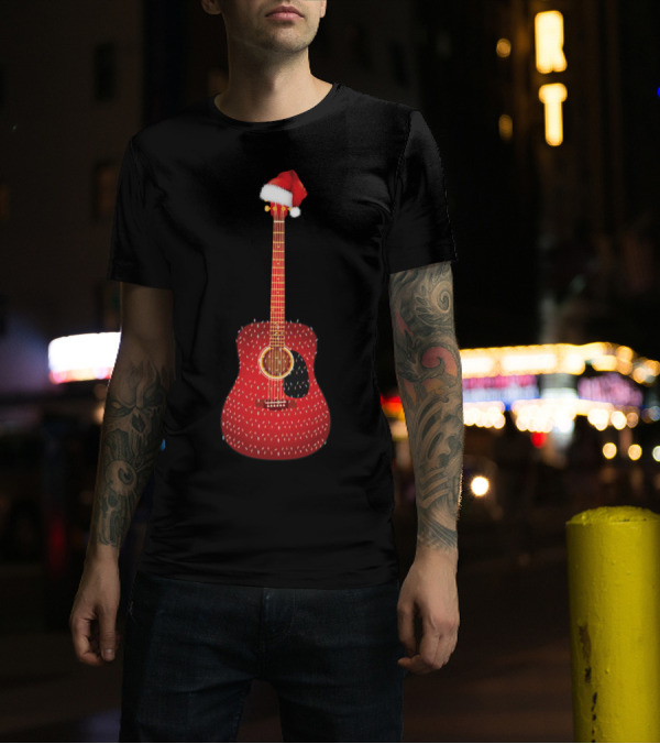 Christmas Acoustic Guitar With Santa Hat T-Shirt