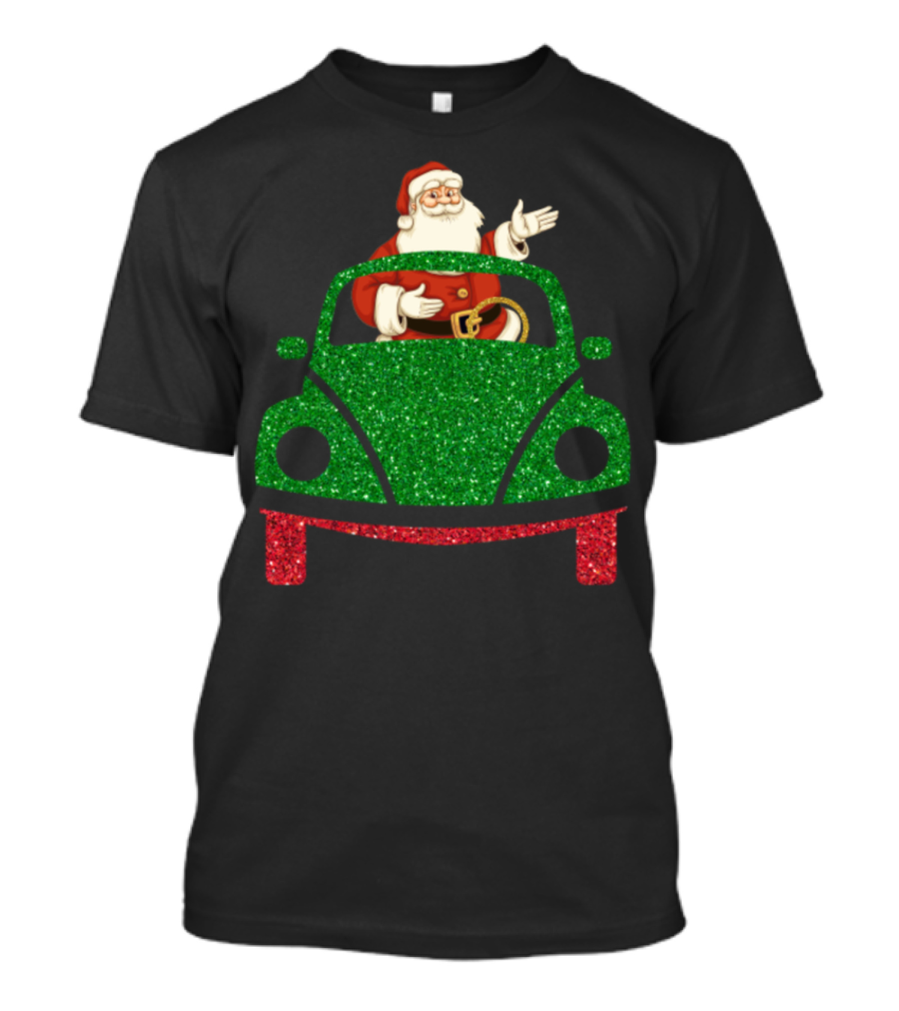 Santa Is Coming In Sparkly Green Car T-Shirt
