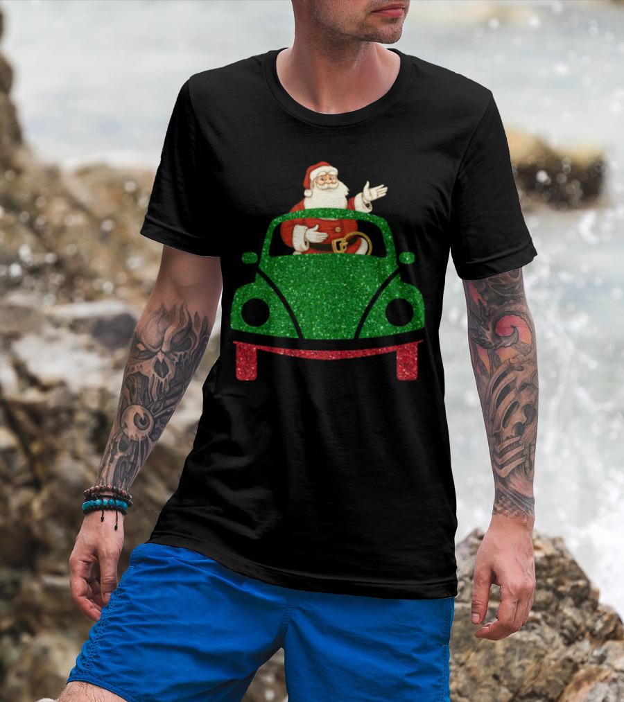 Santa Is Coming In Sparkly Green Car T-Shirt