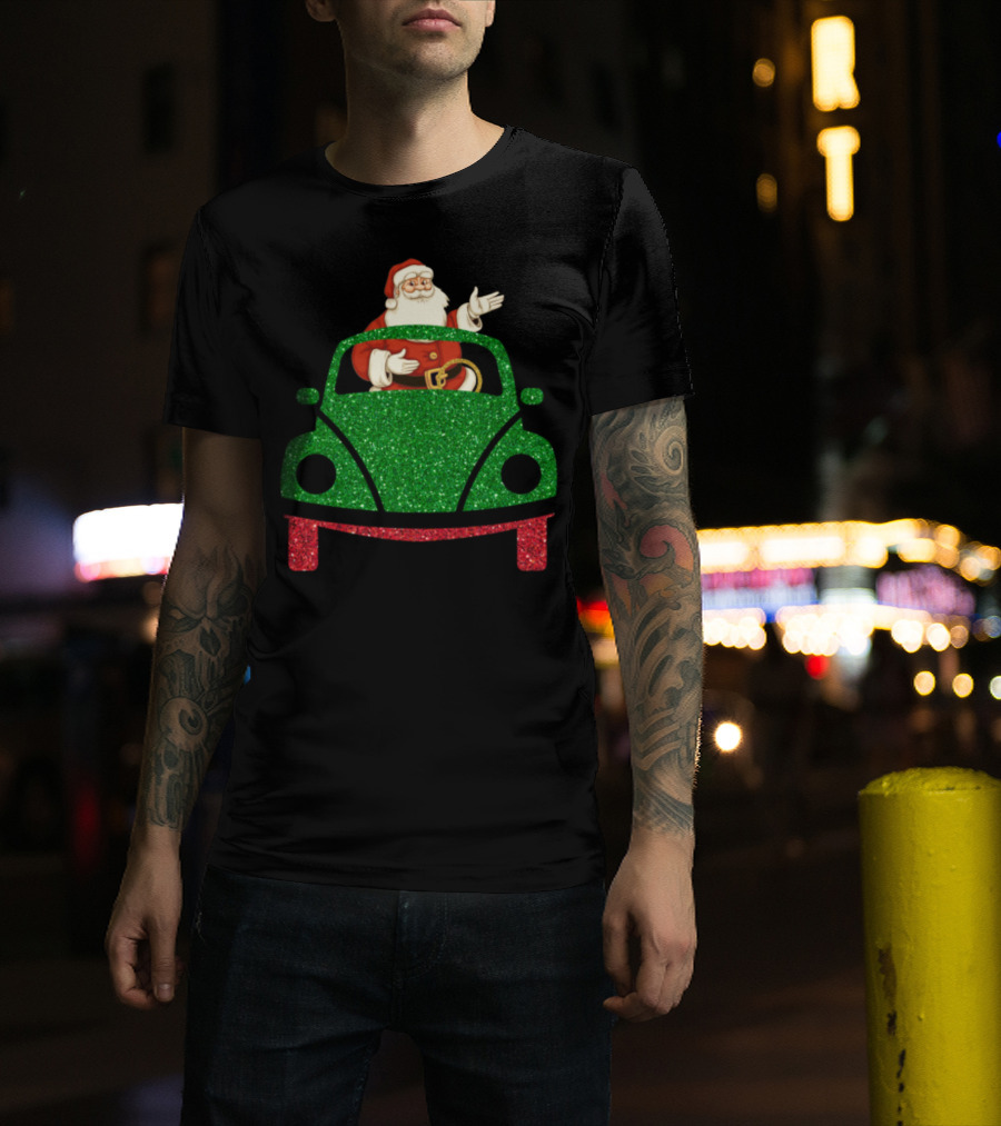 Santa Is Coming In Sparkly Green Car T-Shirt
