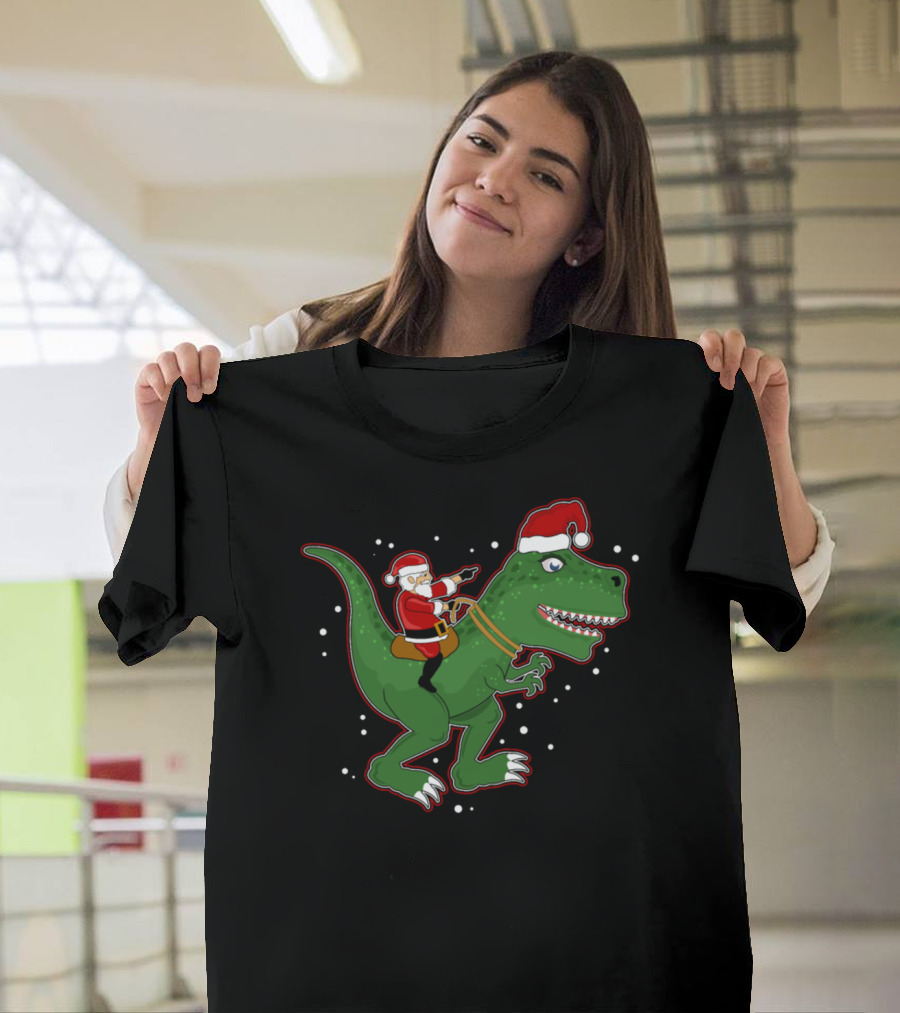 Santa Claus Riding Christmas Dinosaur T-Rex With Santa Hat T-Shirt