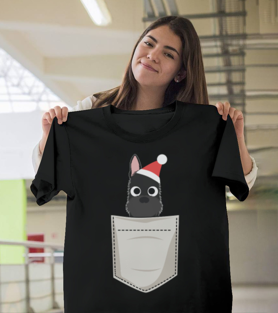 Scottish Terrier in Santa Hat Pocket T-Shirt