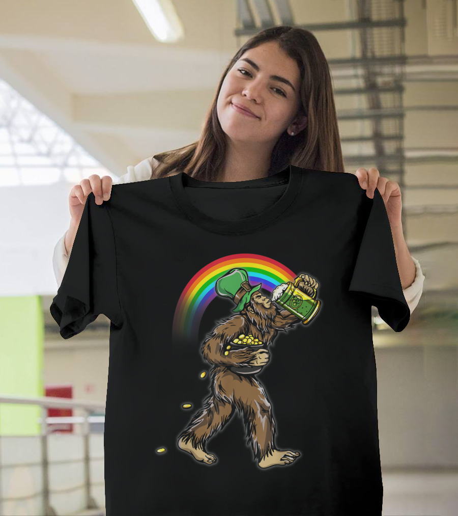 Bigfoot Leprechaun with Rainbow and Gold St. Patrick's Day T-Shirt
