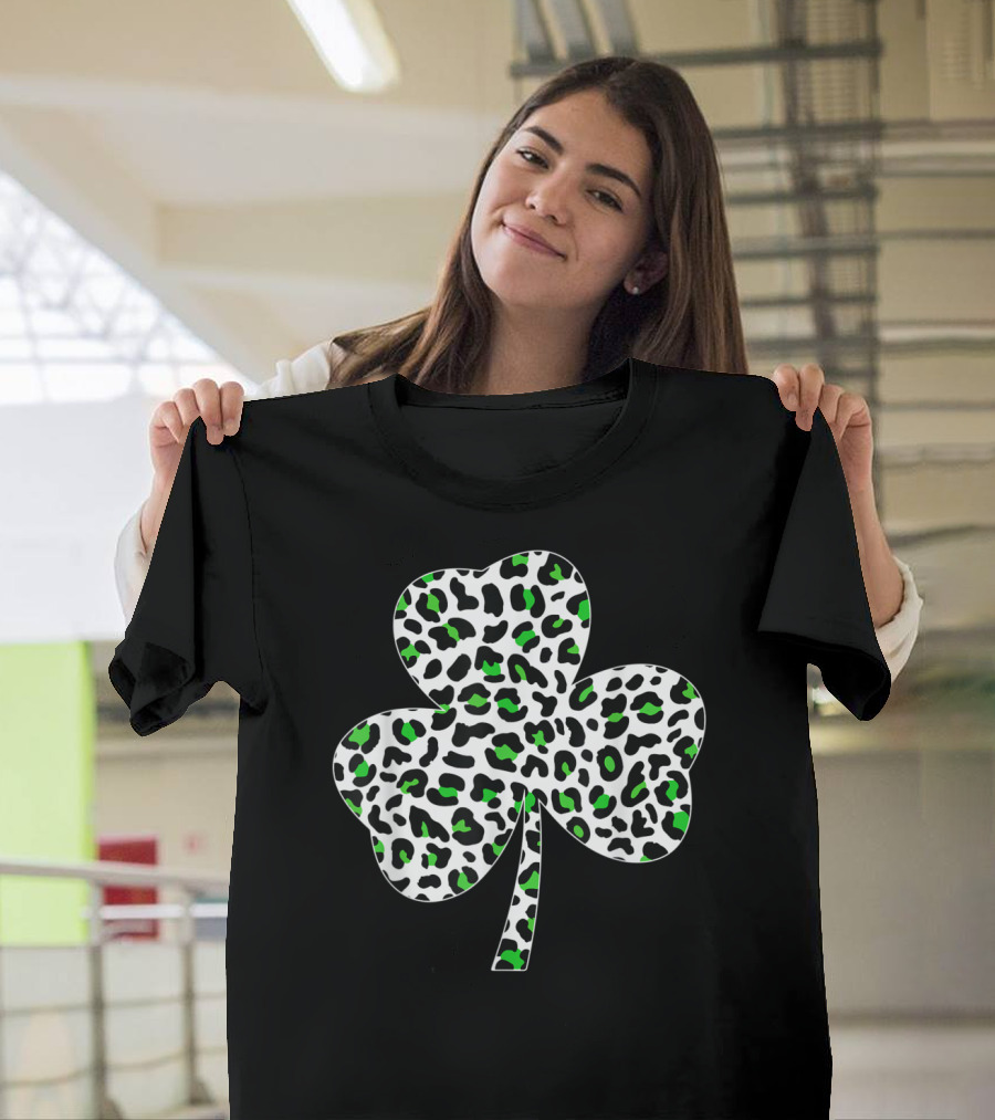 Shamrock Leopard Print Pattern Black and Green T-Shirt