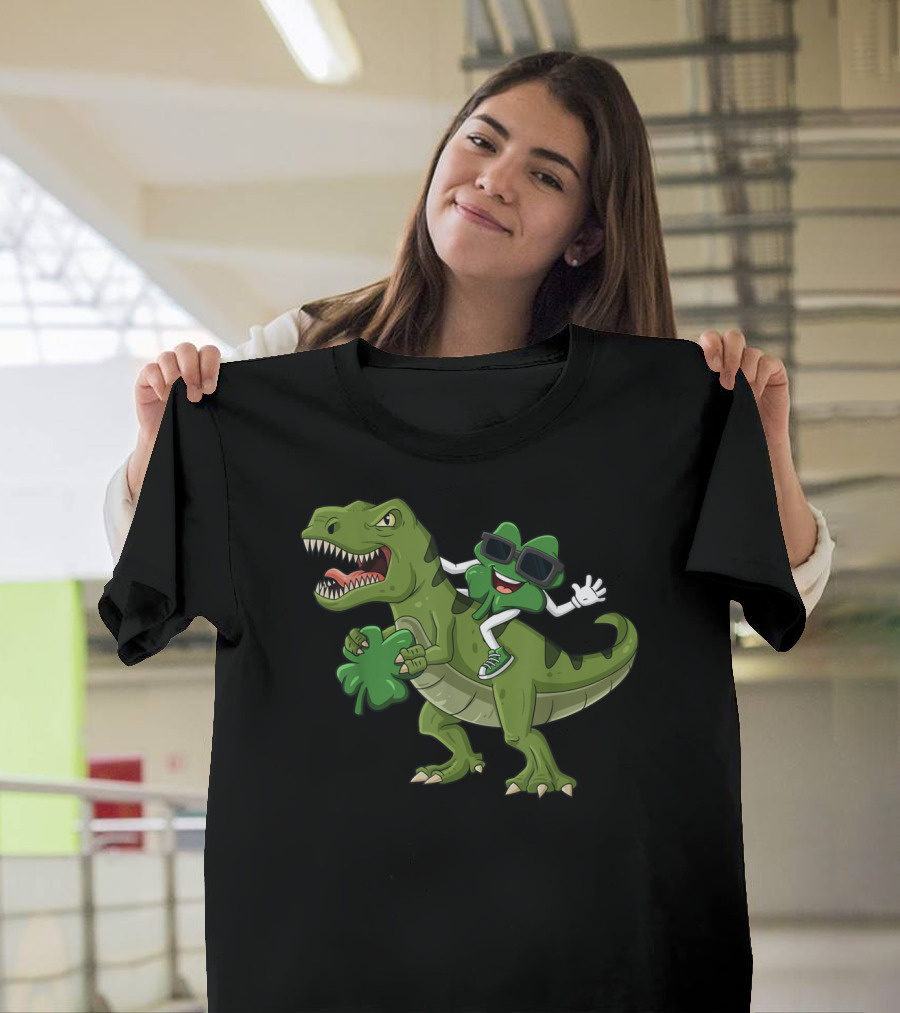 St Patrick's Day Shamrock Riding Dinosaur Rex T-Shirt