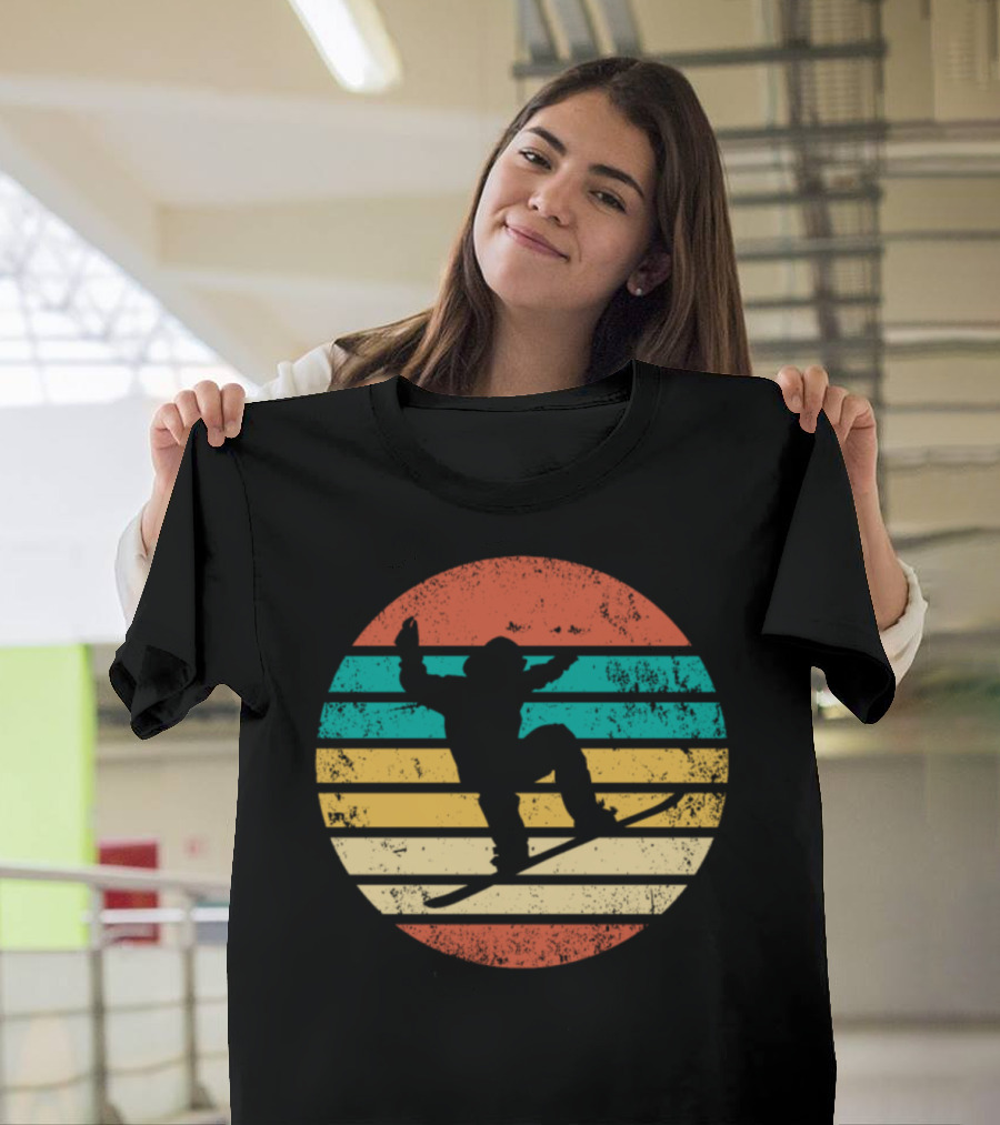 Retro Snowboarding Silhouette Vintage Sunset Stripes T-Shirt