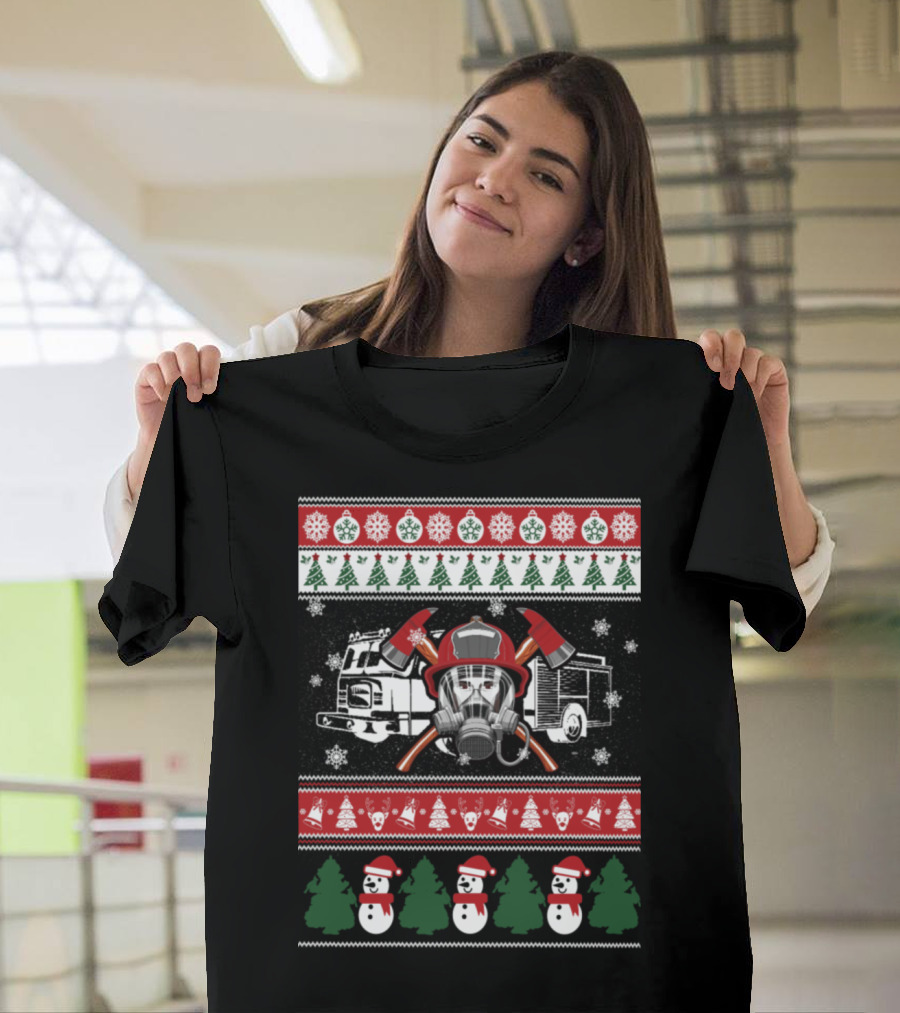 Firefighter Christmas Festive Holiday Sweater Design with Fire Truck and Axes T-Shirt