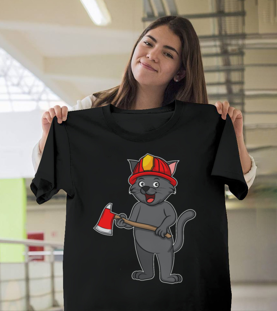 Firefighter Kids Christmas Fire Helmet Cat with Axe T-Shirt