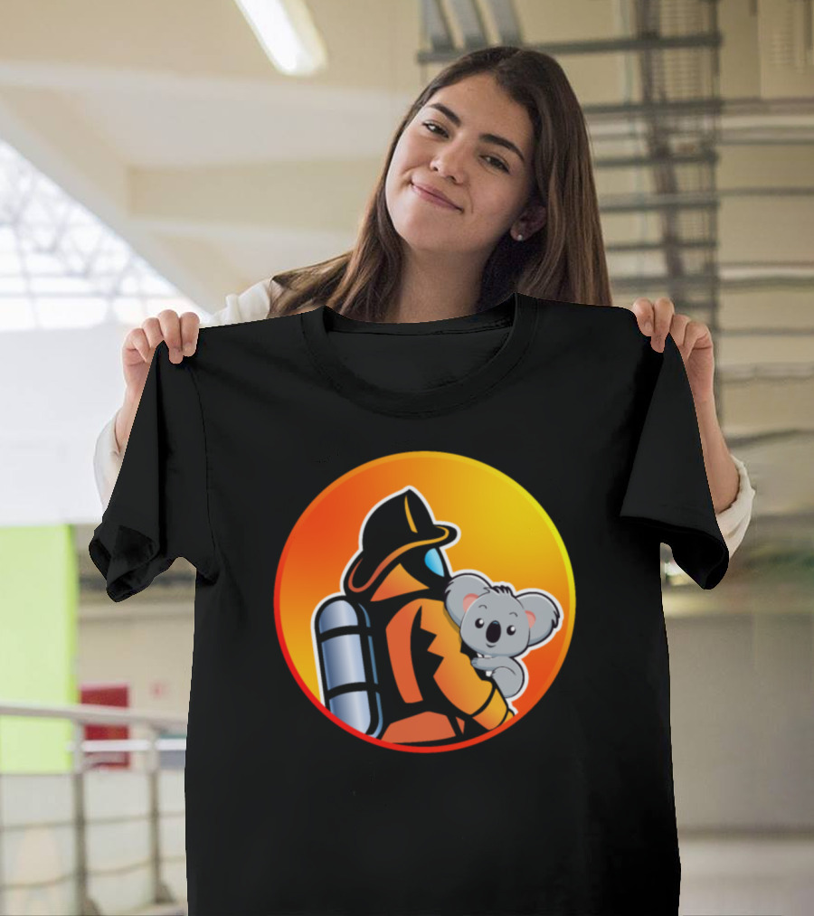 Firefighter Saving Koala in Orange and Yellow Circle T-Shirt