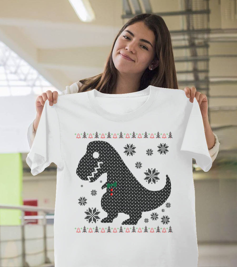 UglyChristmas T-Rex Dinosaur Snowflakes Bow Tie Trees T-Shirt