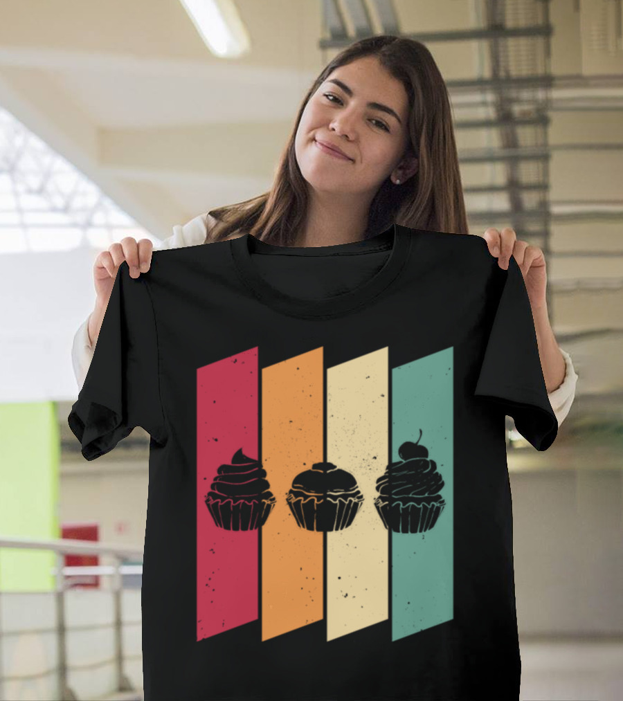 Cupcake Muffin Cake Baker Retro Colorful Stripes T-Shirt