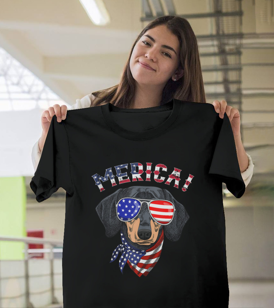 Merica Dachshund American Flag Sunglasses Bandana July 4th T-Shirt