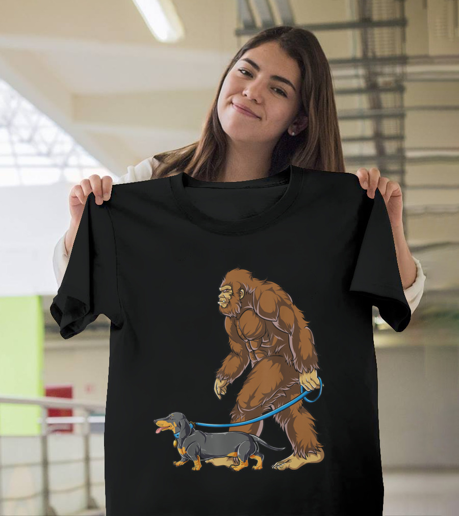 Bigfoot Dog Walk Dachshund Sasquatch Leash Stroll T-Shirt