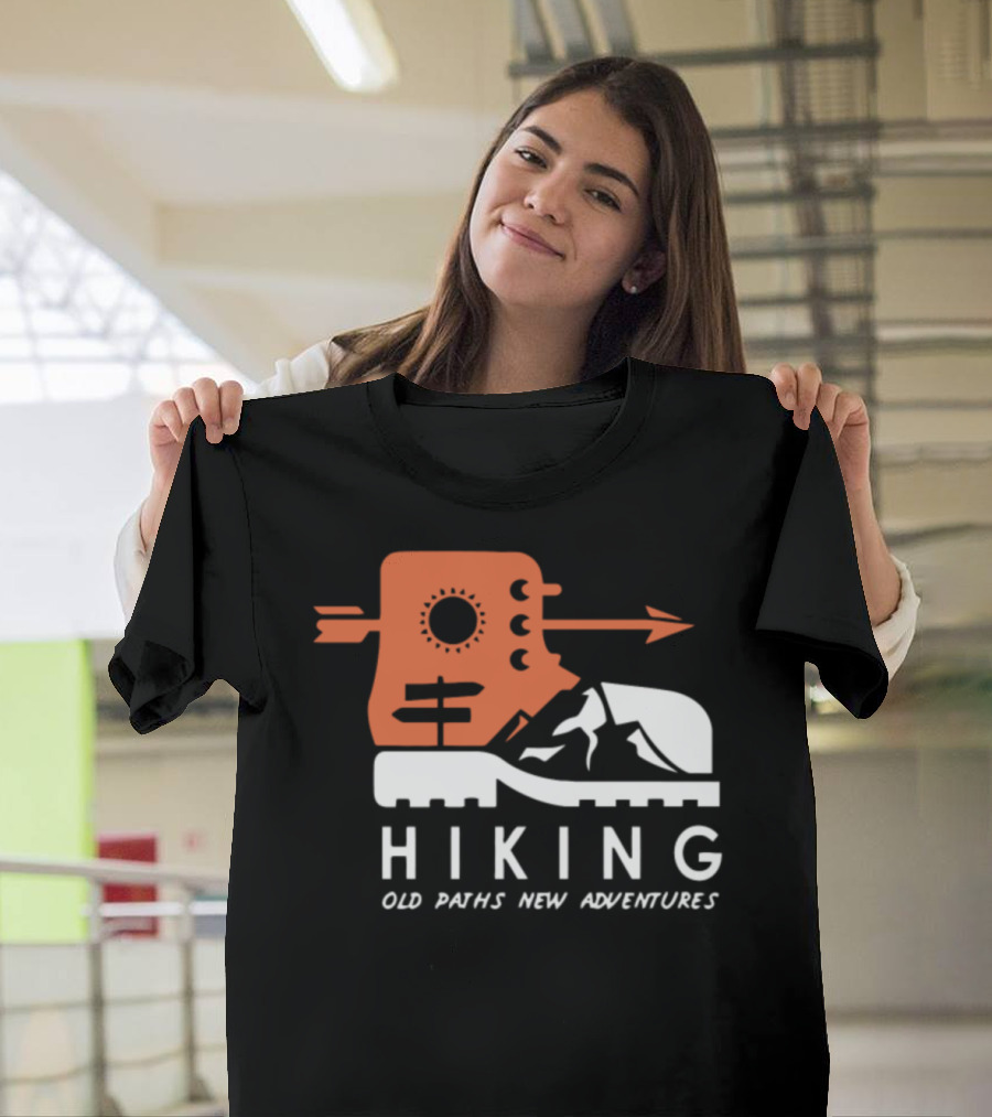 Hiking Old Paths New Adventures Mountain Boot and Arrow Emblem T-Shirt