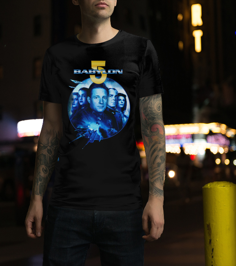 Babylon 5 Science Fiction Series Characters And Spaceship T-Shirt