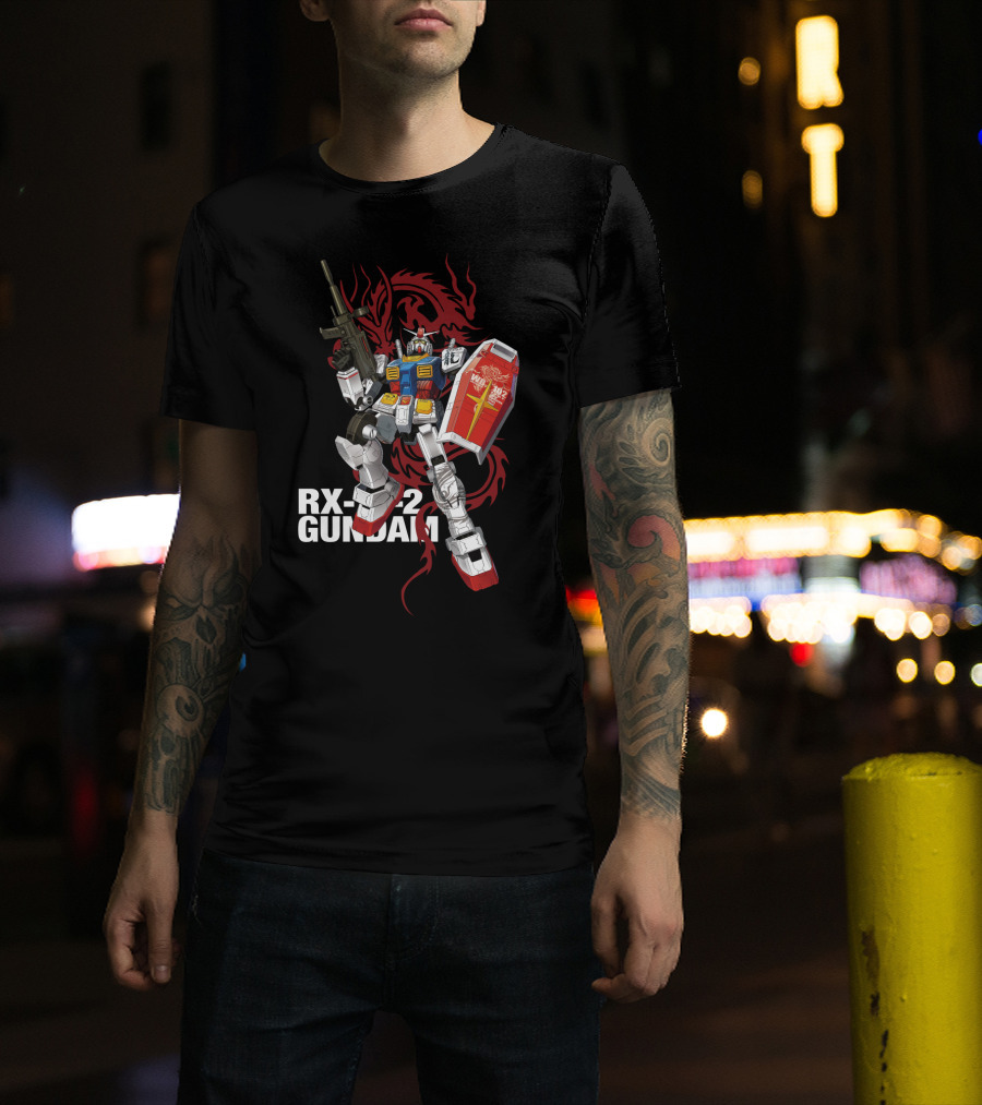RX 78 2 Gundam Mobile Suit With Red Dragon Background T-Shirt