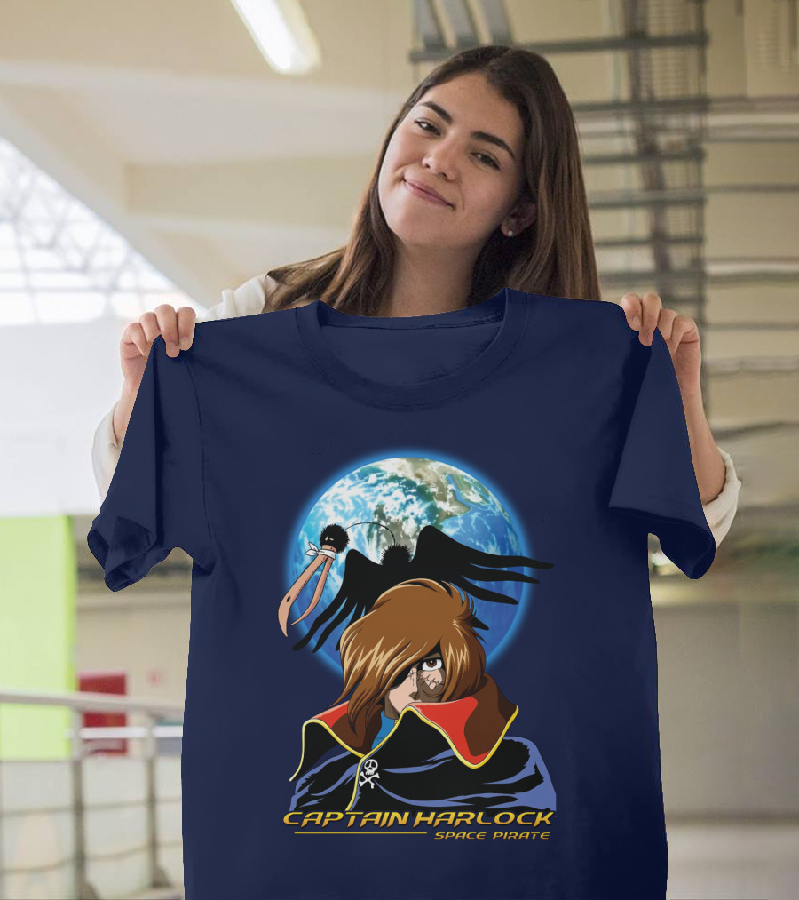 Captain Harlock Space Pirate Anime Icon With Earth and Black Bird T-Shirt