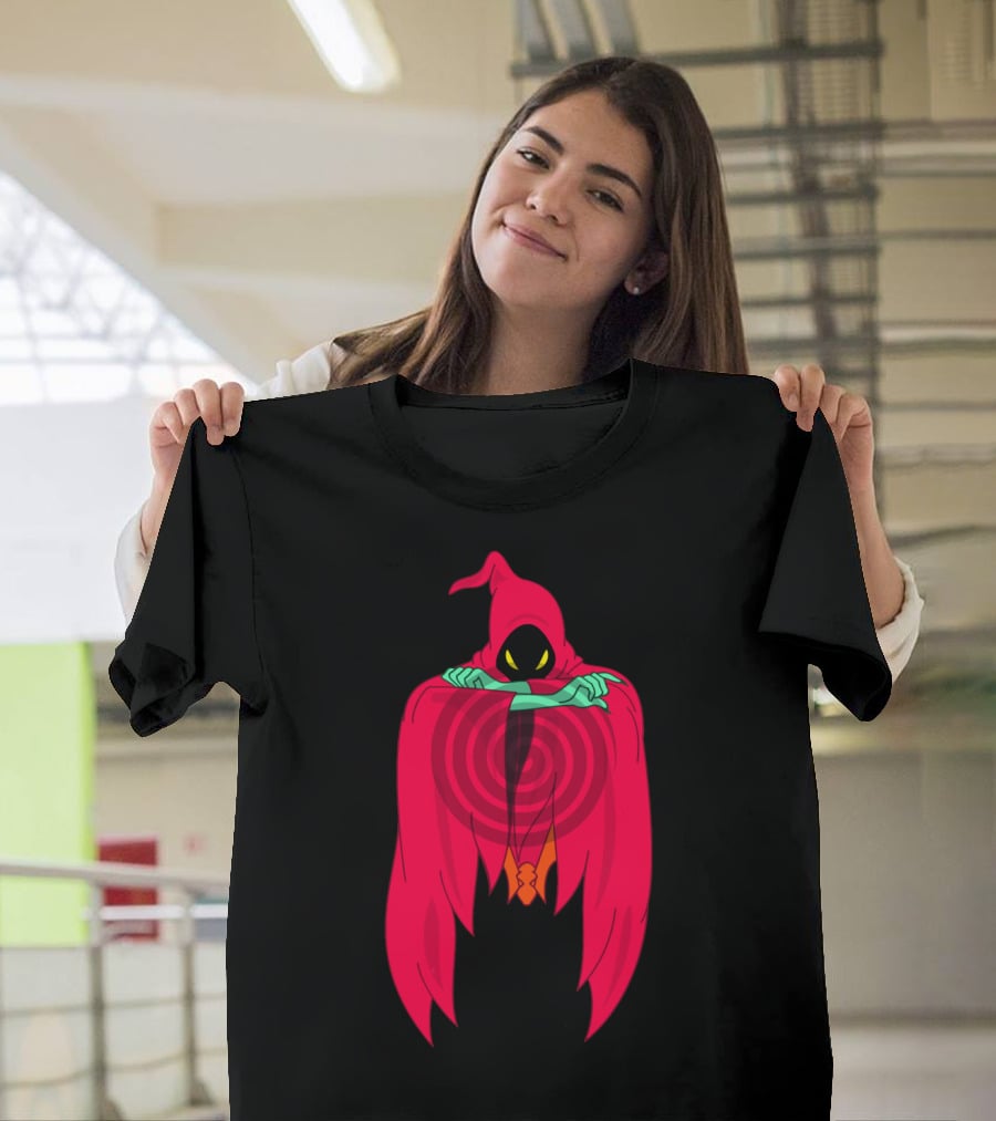 Shadow Weaver Enigmatic Hooded Phantom With Red Cape And Yellow Eyes T-Shirt