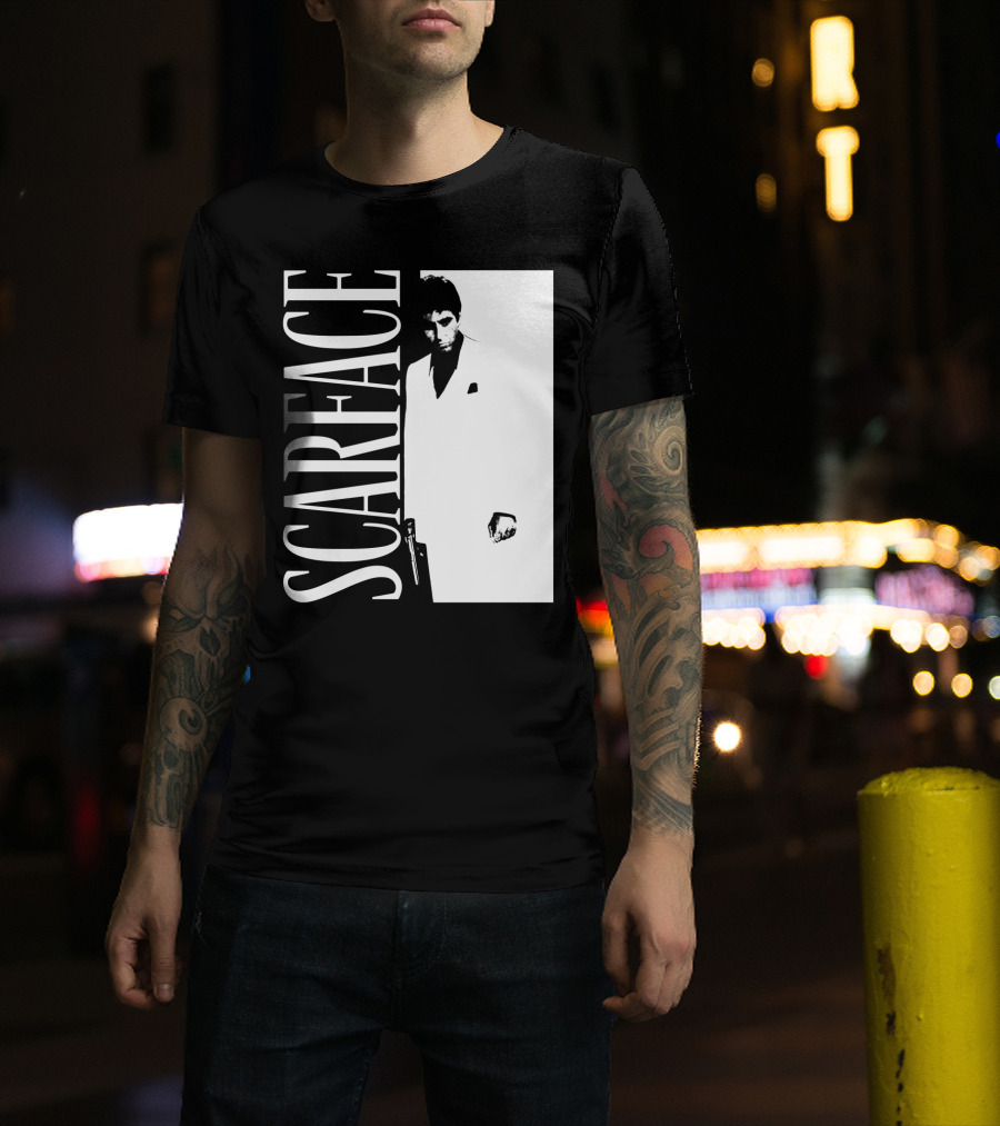 Scarface White Suit Black Background Iconic Movie Image T-Shirt