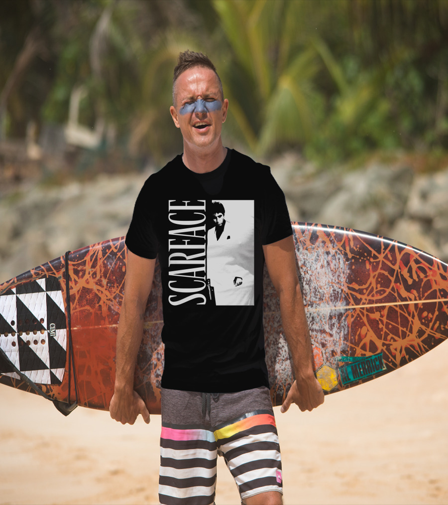 Scarface White Suit Black Background Iconic Movie Image T-Shirt