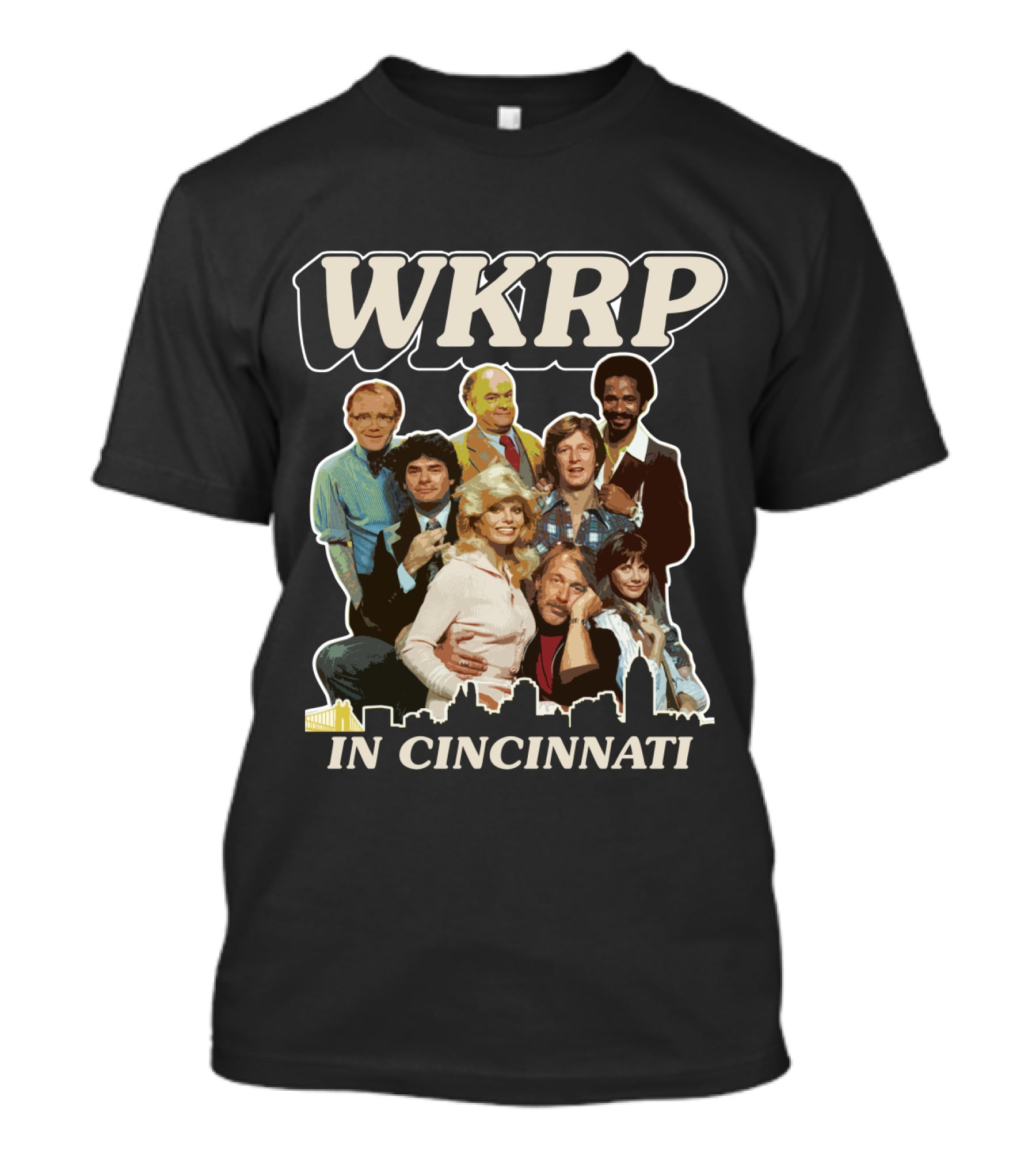 WKRP In Cincinnati Cast Photo With Cincinnati Skyline T-Shirt