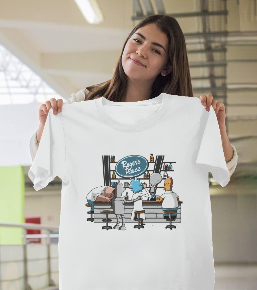 Rick And Morty Roger's Place Bar Scene with Aliens and Robots T-Shirt