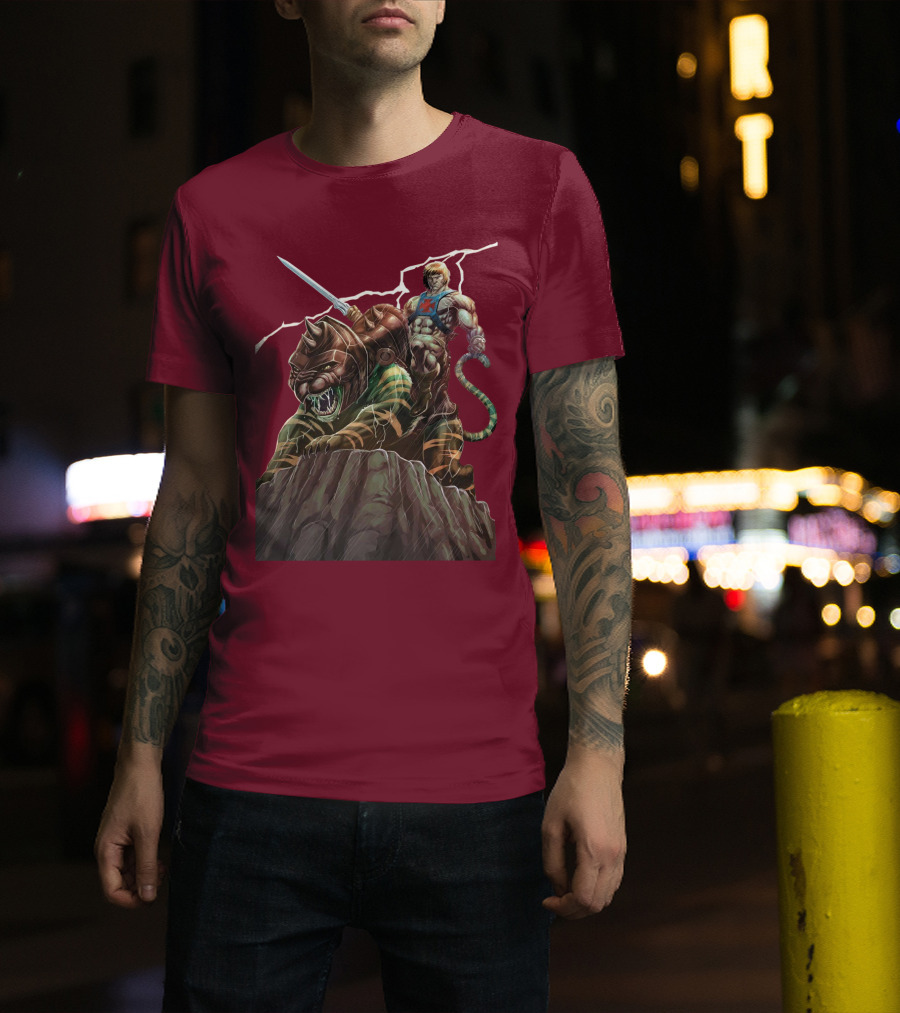 He Man Masters Of The Universe Sword And Battle Cat On Cliff With Lightning T-Shirt