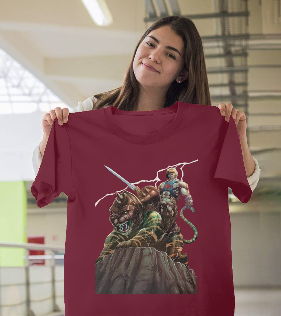 He Man Masters Of The Universe Sword And Battle Cat On Cliff With Lightning T-Shirt
