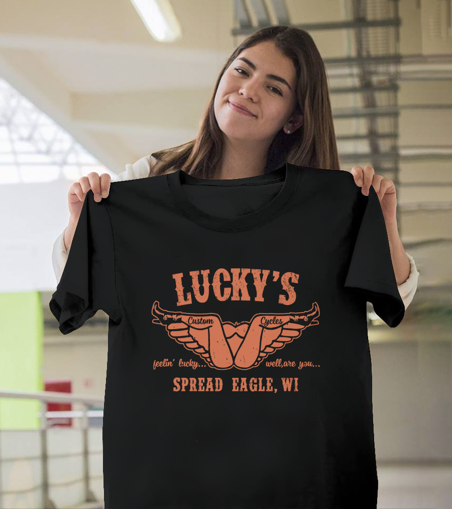 Lucky's Custom Cycles Feelin' Lucky Spread Eagle WI Vintage Motorcycle Biker T-Shirt