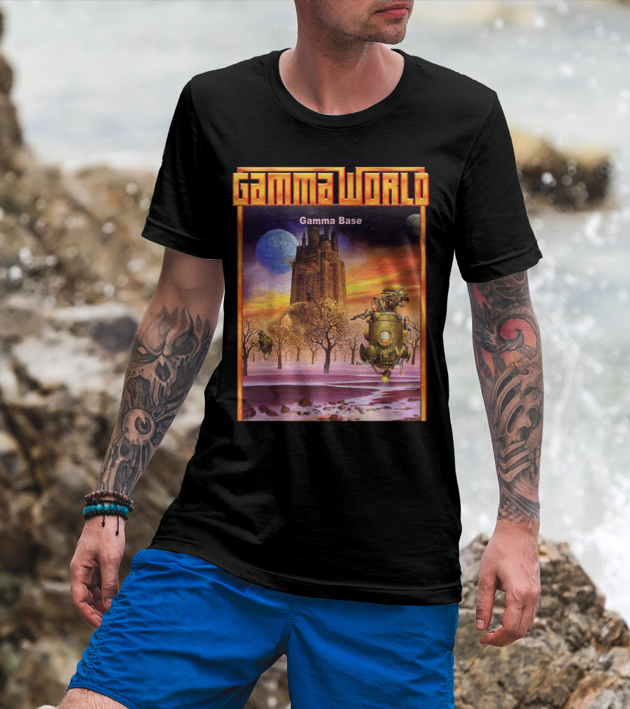 Gamma World Gamma Base Futuristic Castle With Robot On Alien Landscape T-Shirt