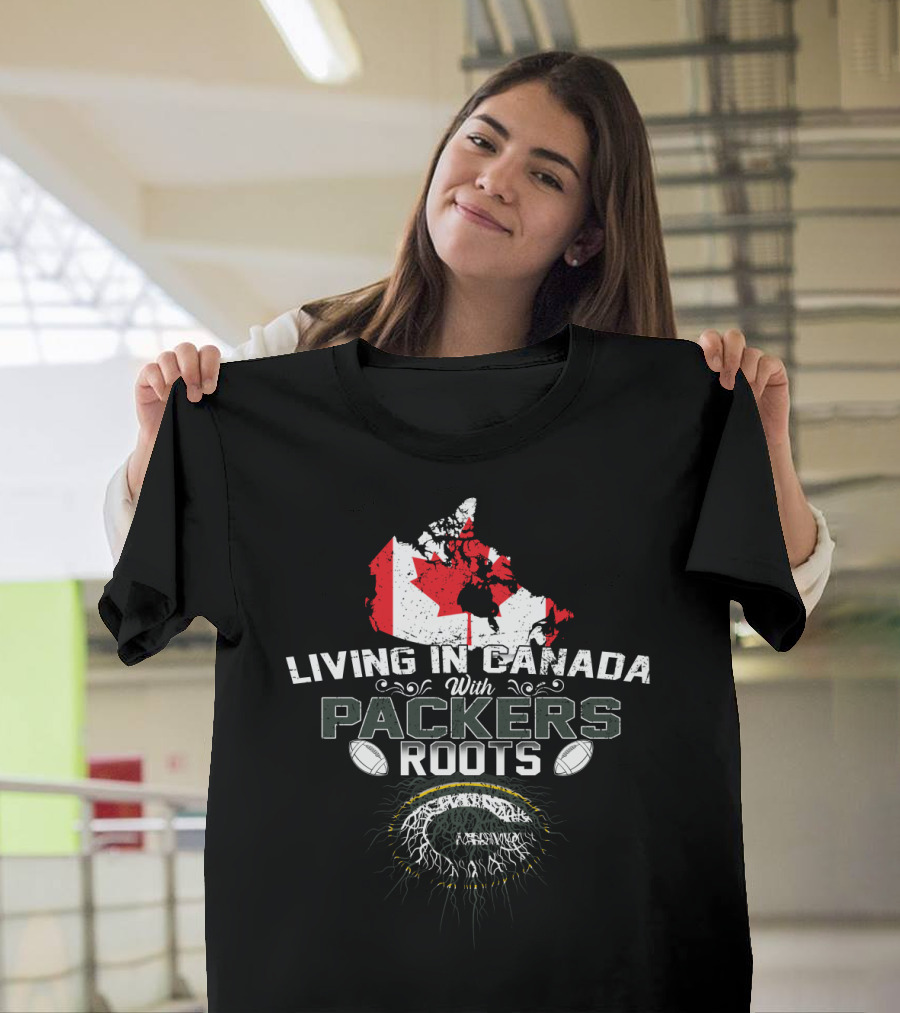 Living in Canada with Packers Roots Canadian Flag Football T-Shirt