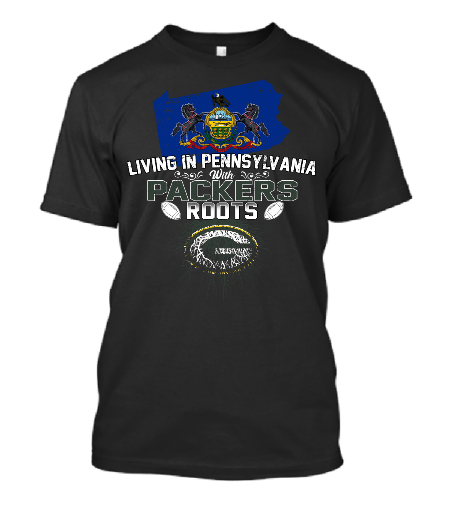 Living In Pennsylvania With Packers Roots And Pennsylvania State Coat Of Arms T-Shirt