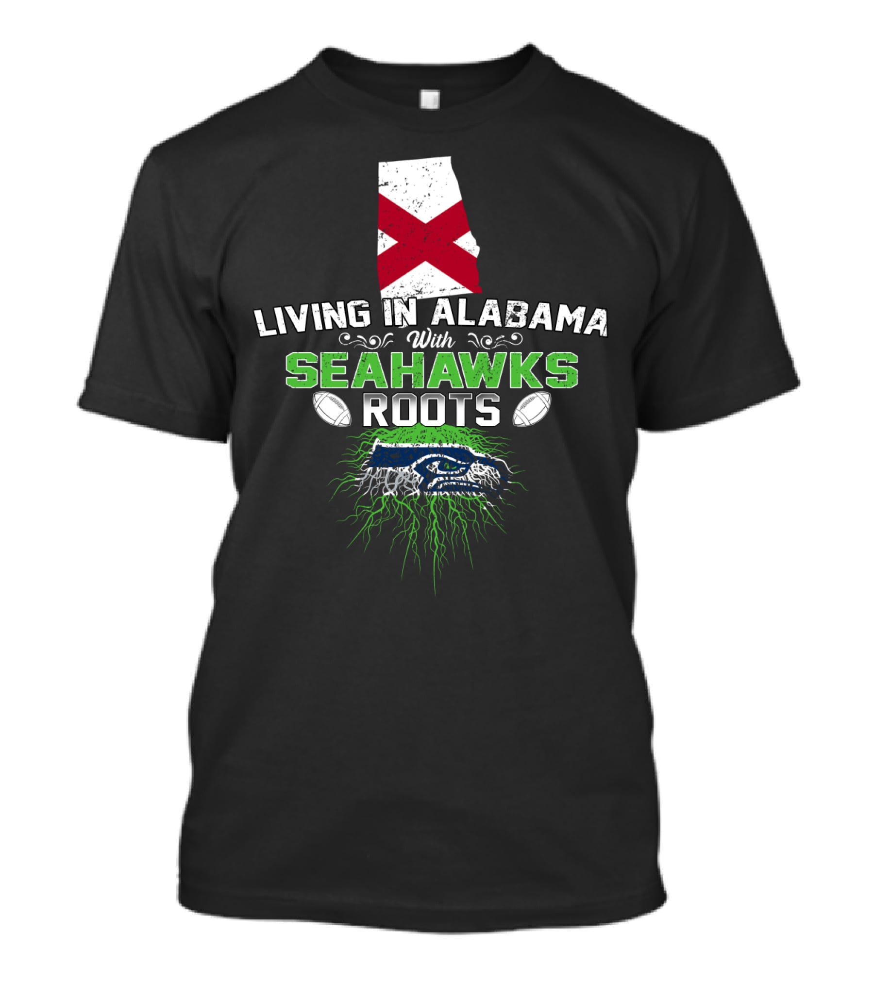 Living In Alabama With Seahawks Roots And State Flag T-Shirt