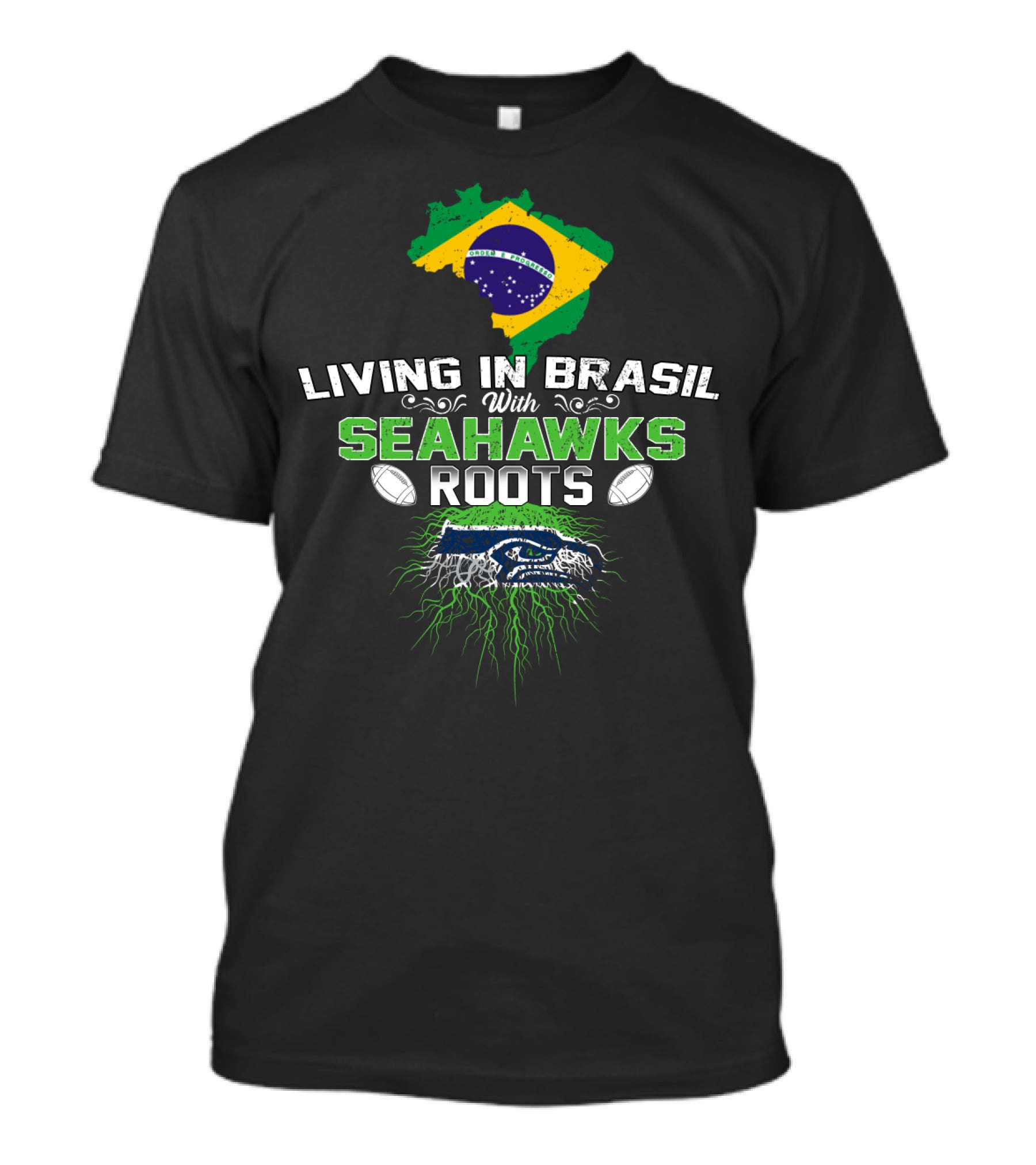 Living In Brasil With Seahawks Roots Flag And Football Iconic Representation T-Shirt