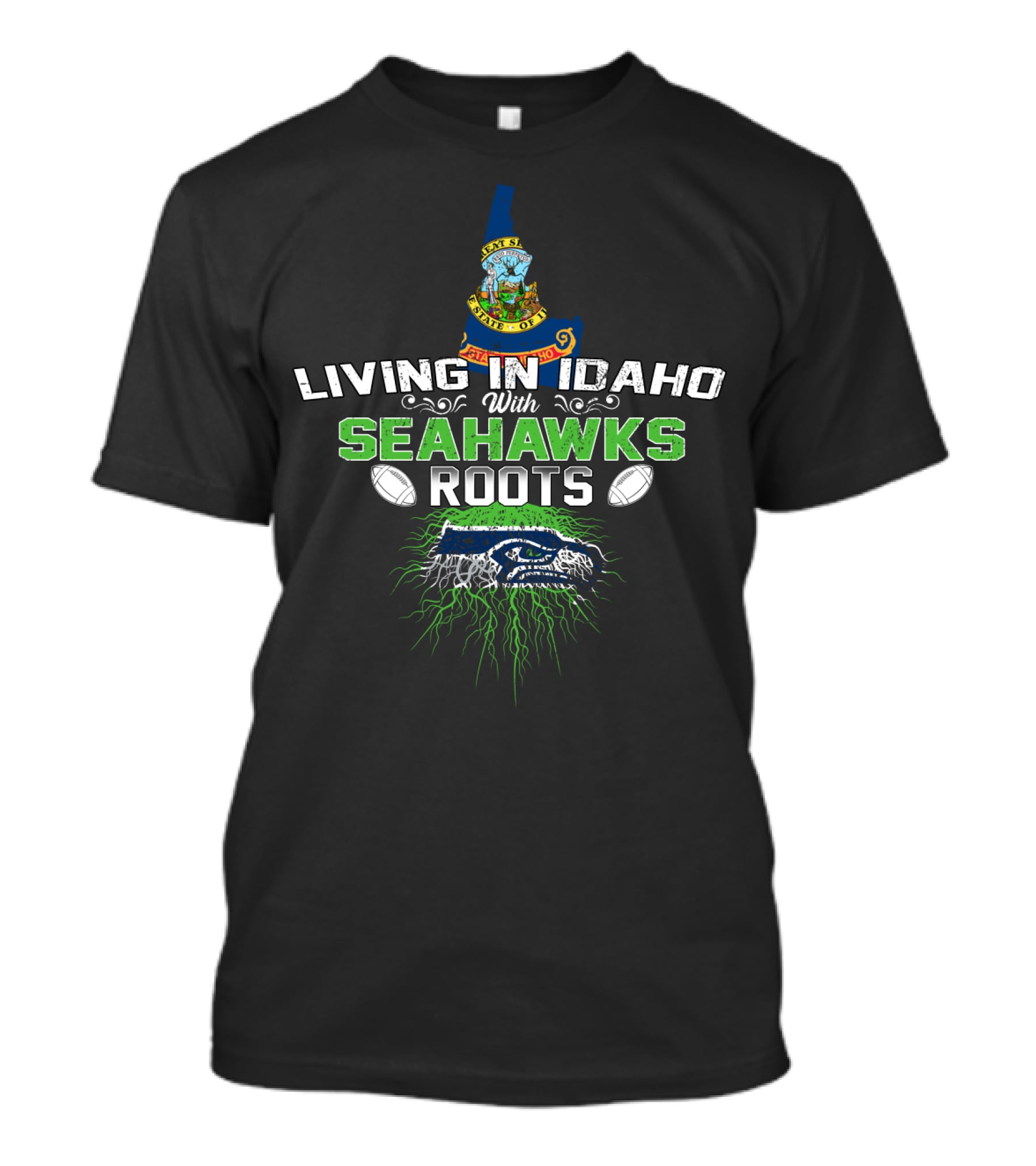 Living In Idaho With SEATTLE SEAHAWKS Roots And Idaho State Seal T-Shirt