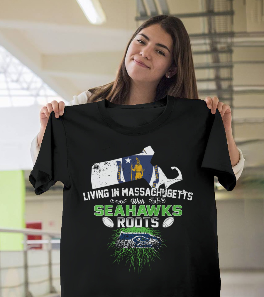 Living In Massachusetts With Seahawks Roots Massachusetts Flag Logo Football T-Shirt