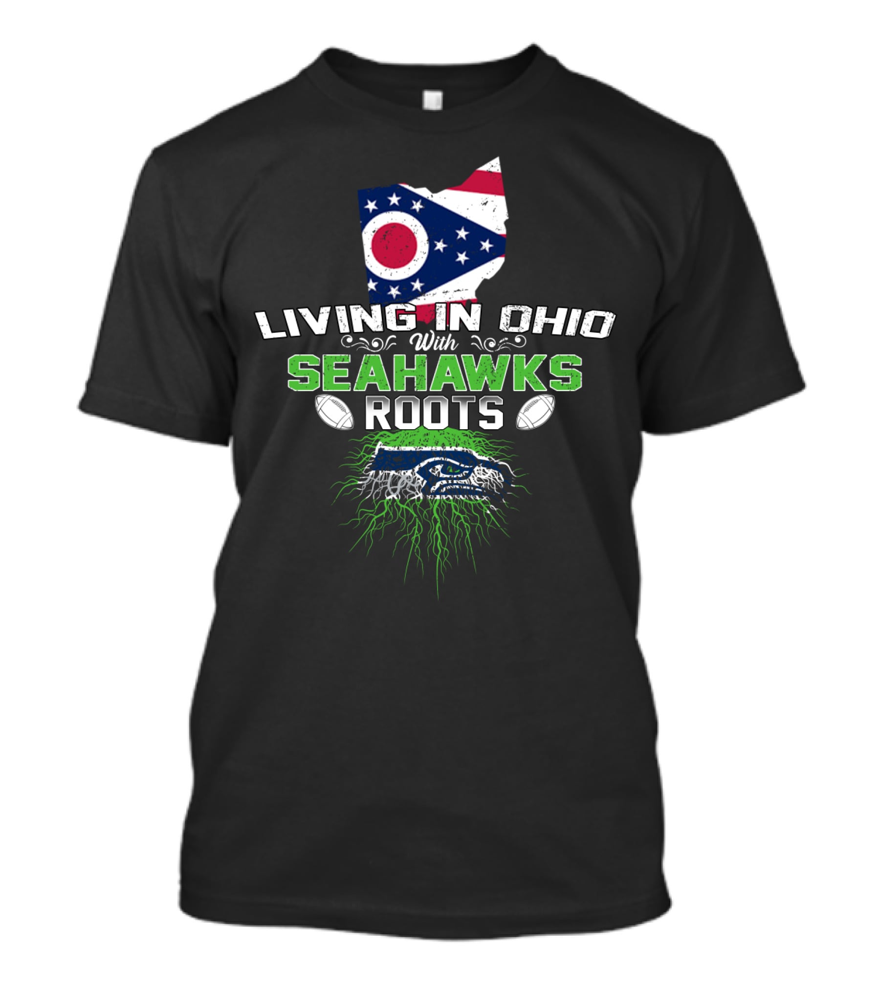 Living In Ohio With Seahawks Roots Flag And Hawk Graphics T-Shirt
