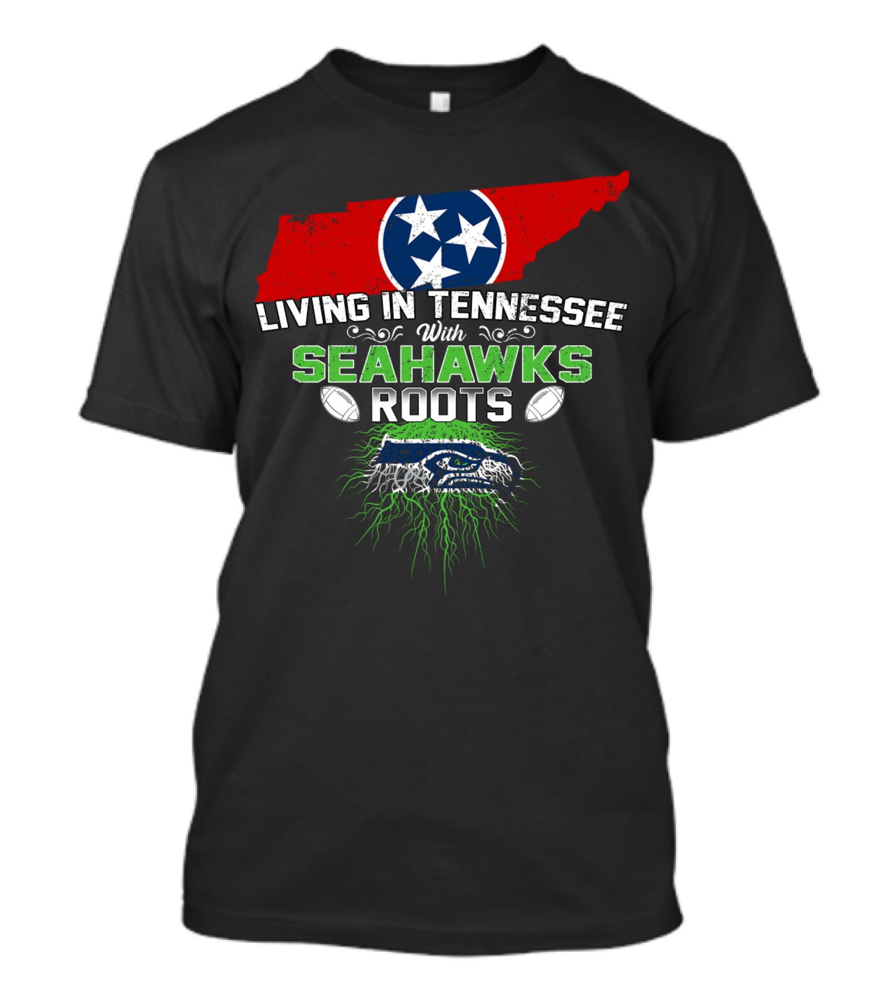 Living In Tennessee With Seahawks Roots And Tennessee Flag Map T-Shirt