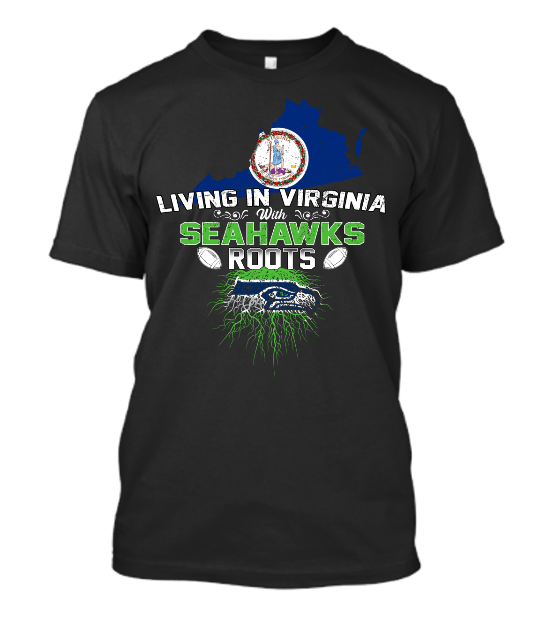 LIVING IN VIRGINIA WITH SEAHAWKS ROOTS Virginia Map Seahawks Colors Football Team Fan Connection T-Shirt