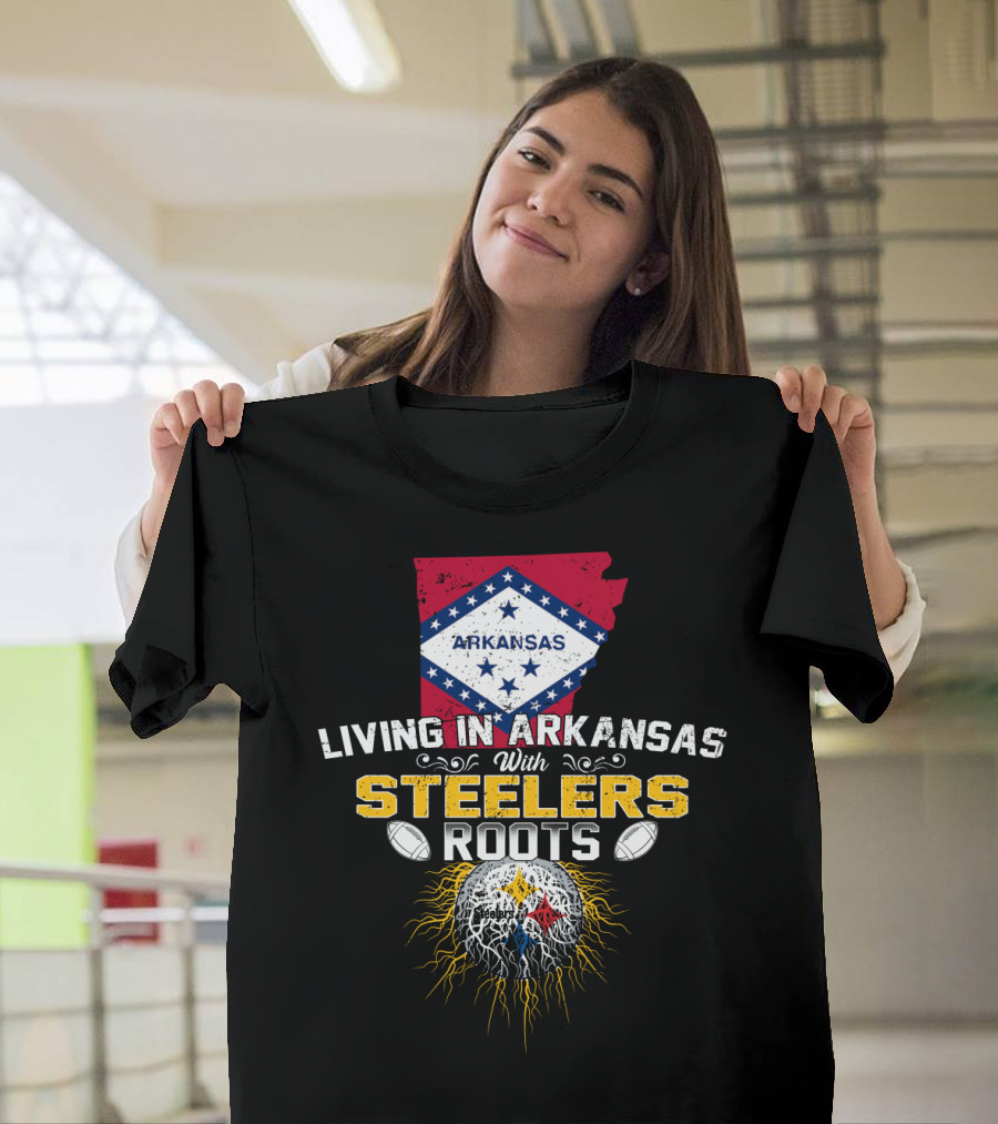 Living in Arkansas With STEELERS Roots Arkansas Flag NFL Football Emblem T-Shirt