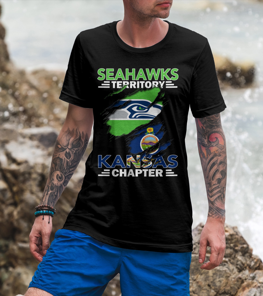 Seahawks Territory Kansas Chapter Logo With Seattle Seahawks And Kansas Flag Elements T-Shirt