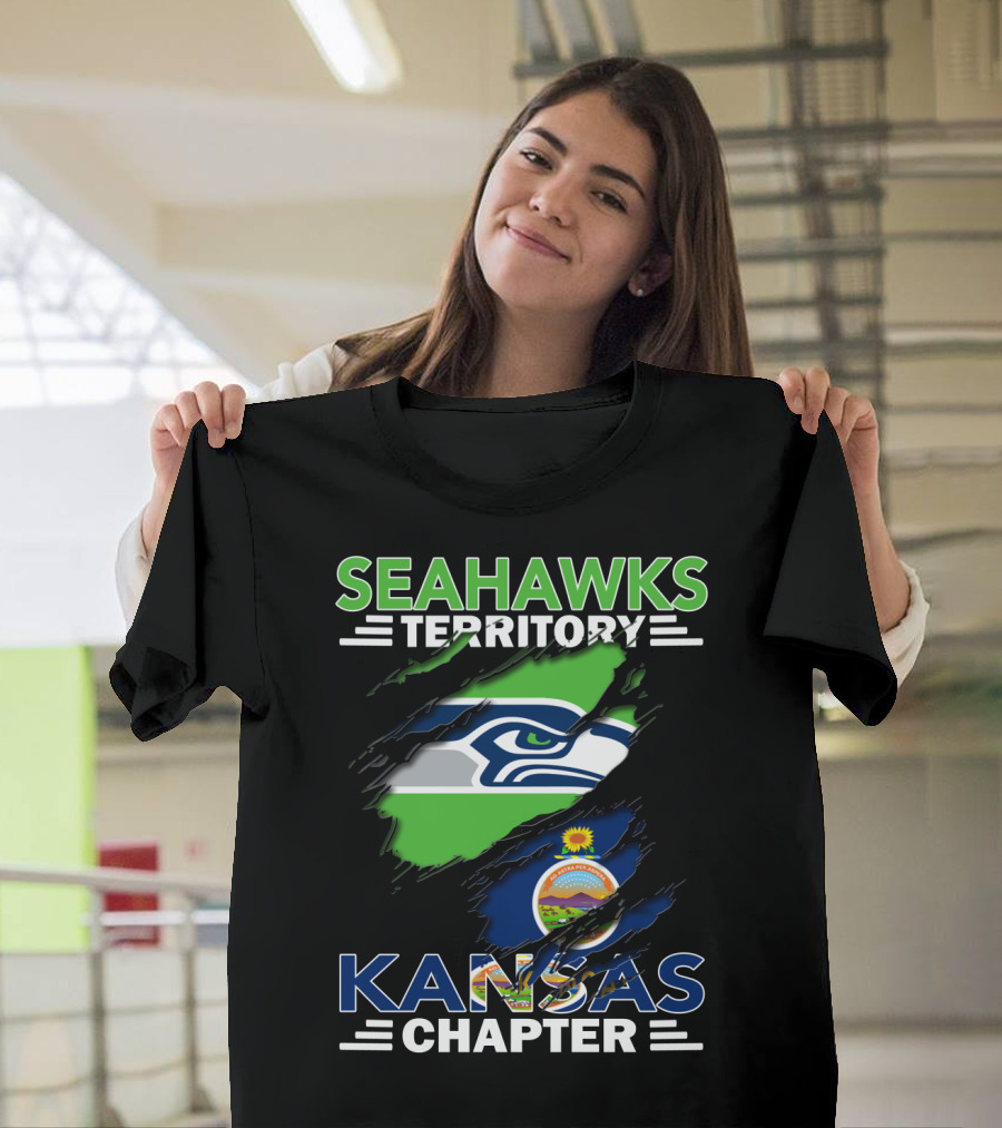 Seahawks Territory Kansas Chapter Logo With Seattle Seahawks And Kansas Flag Elements T-Shirt