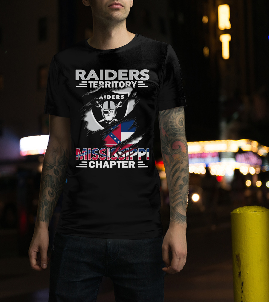 Raiders Territory Mississippi Chapter Nfl Fan Club Logo With Mississippi Flag Elements T-Shirt