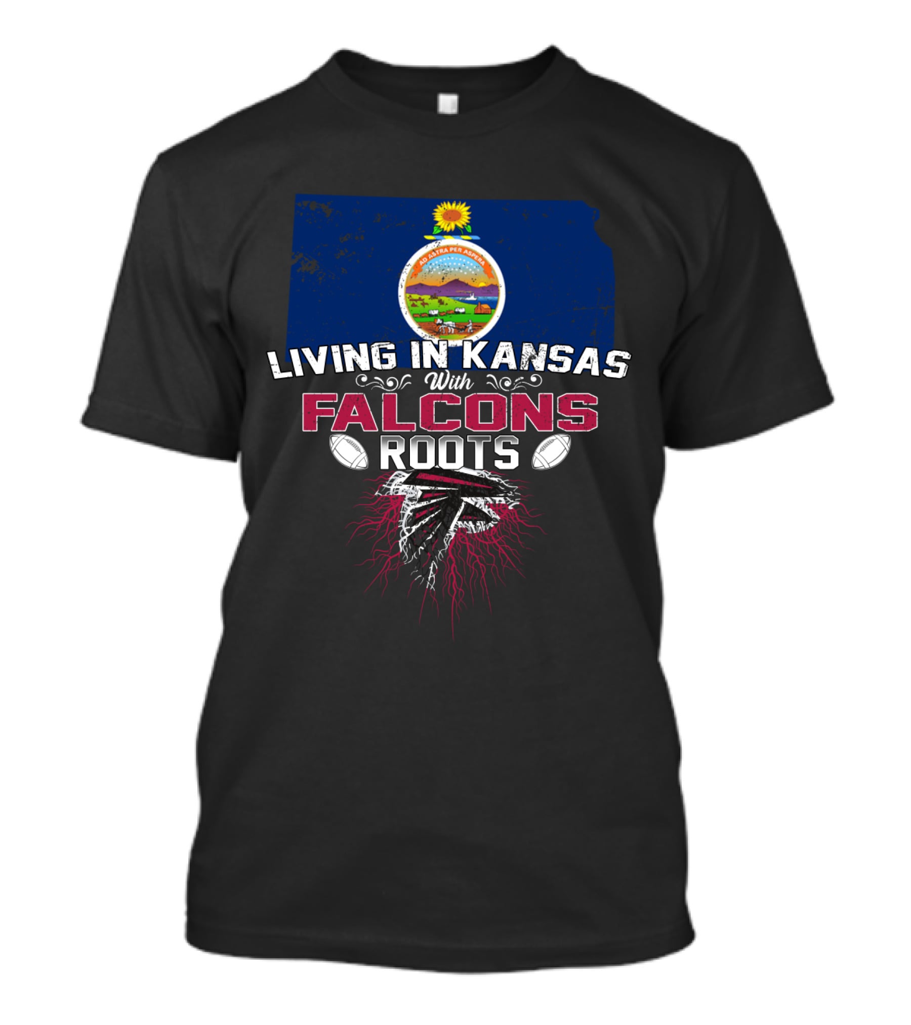 Living In Kansas With Falcons Roots Kansas State Seal Football Motif T-Shirt