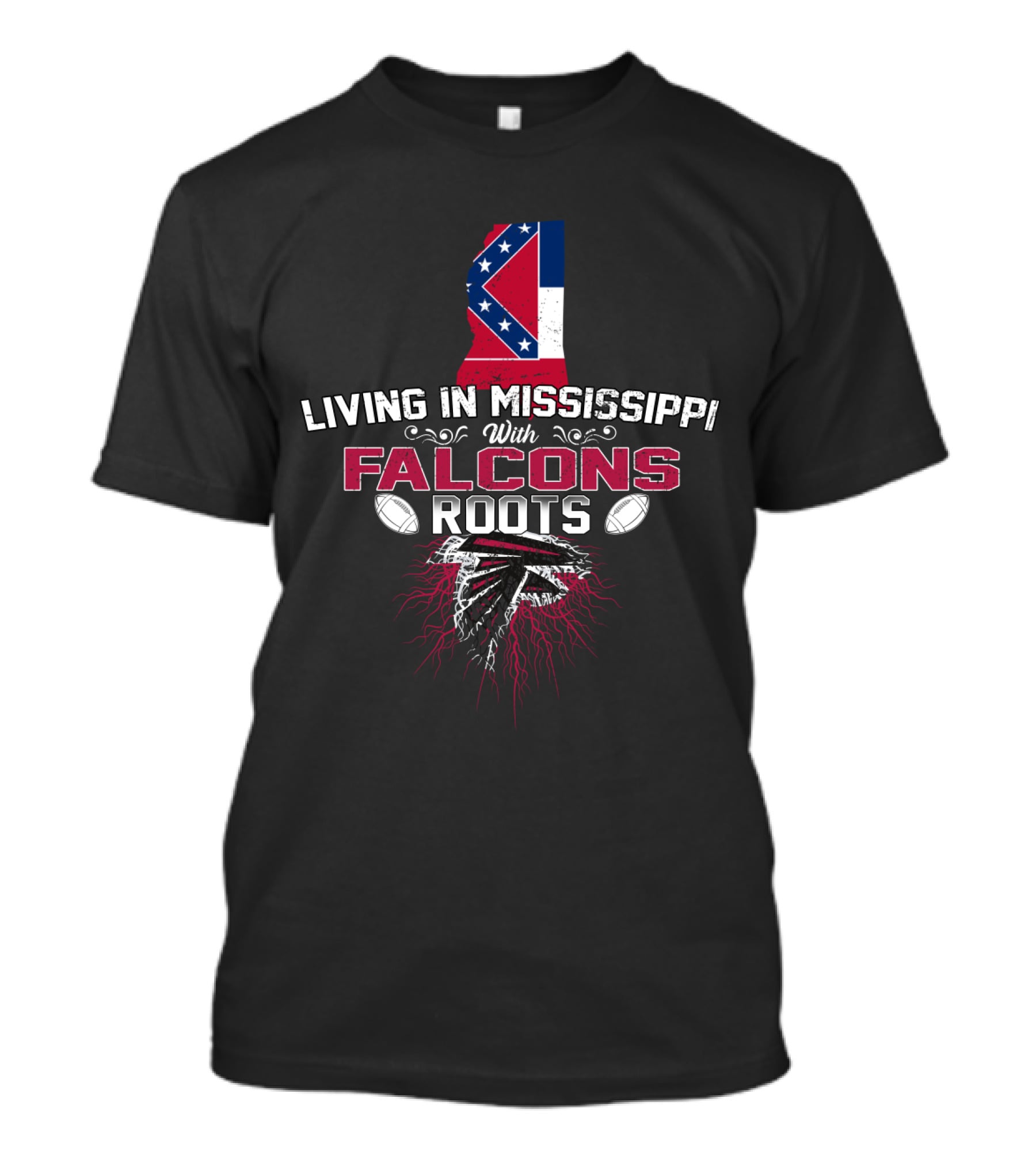 Living In Mississippi With Falcons Roots Mississippi Flag And Football Elements T-Shirt