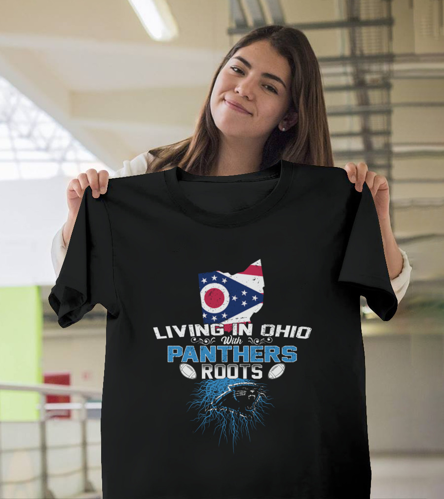 Living In Ohio With Panthers Roots Flag Map Football Panther Head T-Shirt